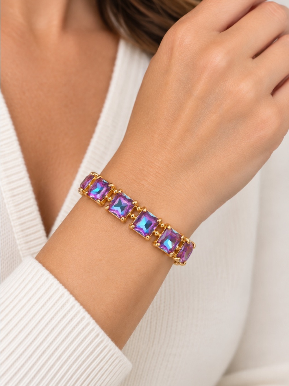 Gold Stretch Bracelet with Purple Iridescent Square Stones NEW - Picture 3 of 3